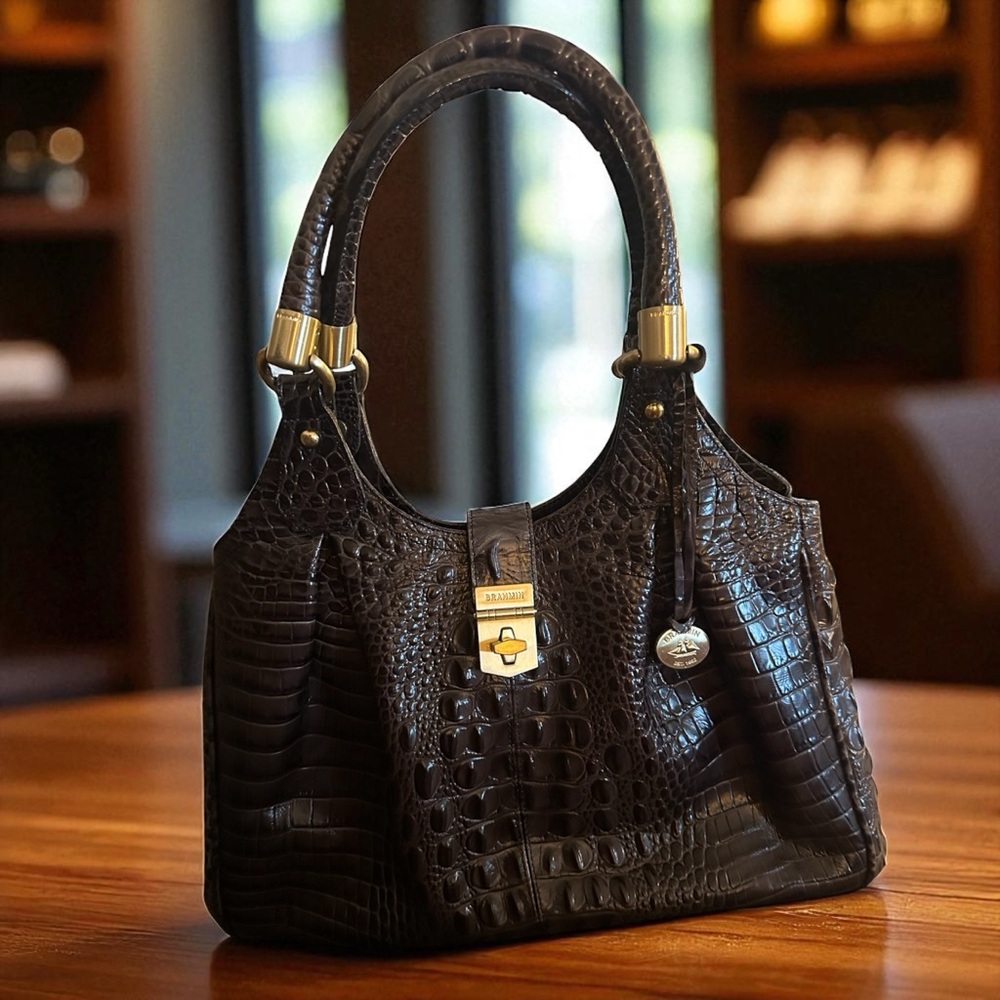 Elegant Brahmin Brown Leather Croc Handbag